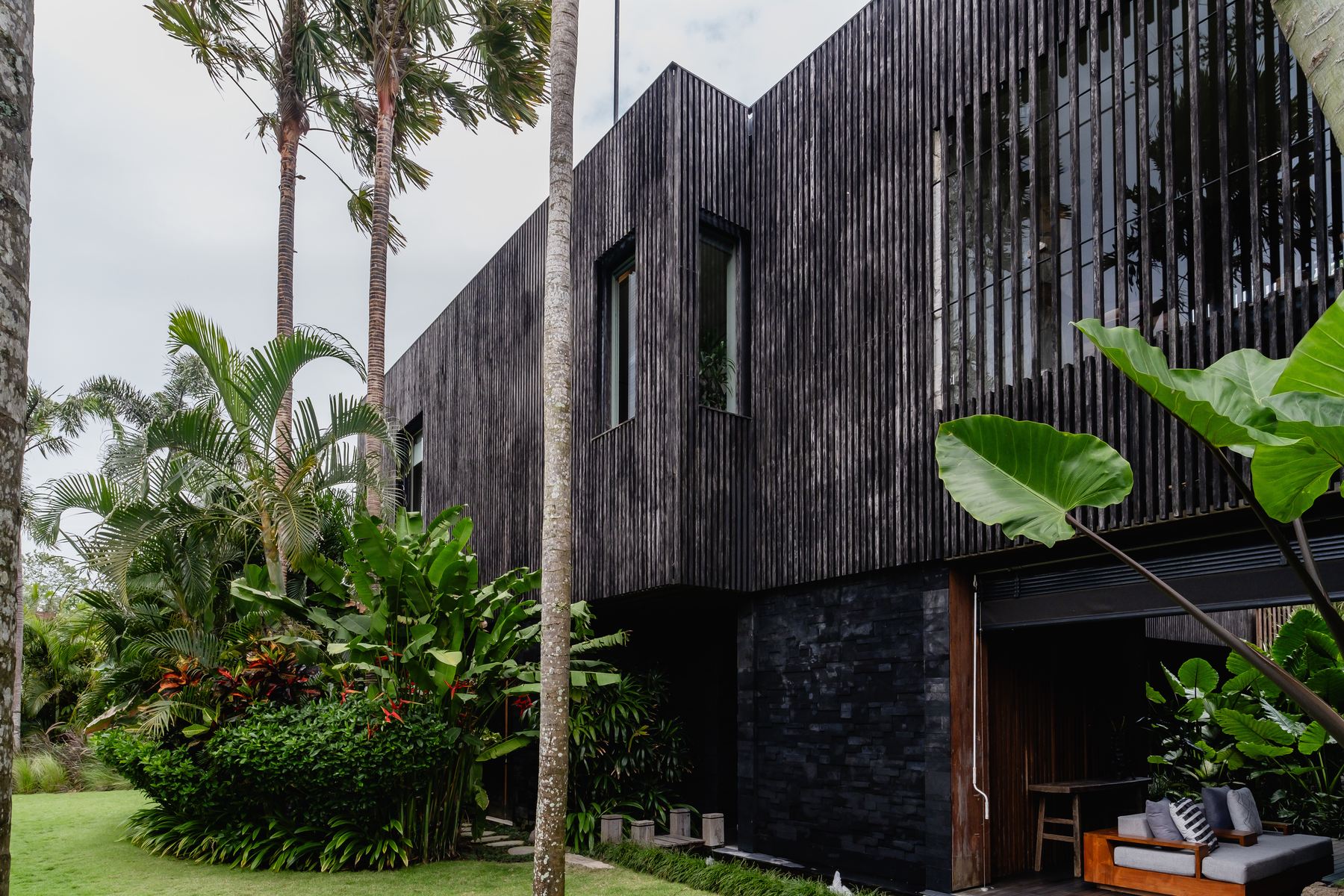 The dark timber facade and palms